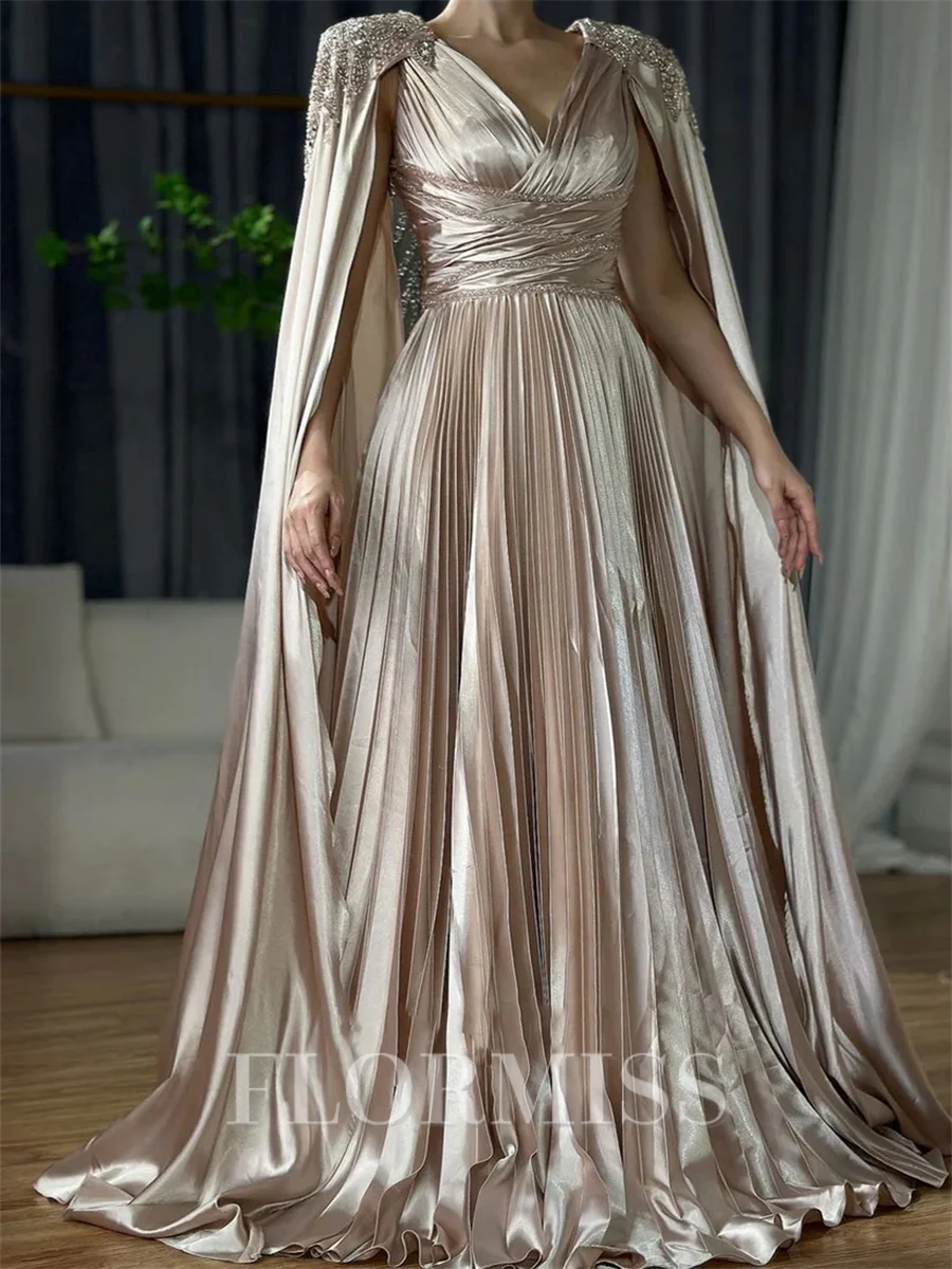 A-line V-neck Pleated Floor-Length Silk Like Satin Corset Prom Dress