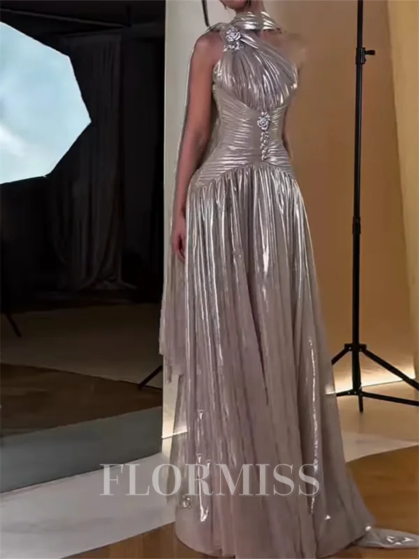 A-line One-Shoulder Pleated Floor-Length Metallic Satin Prom Dress