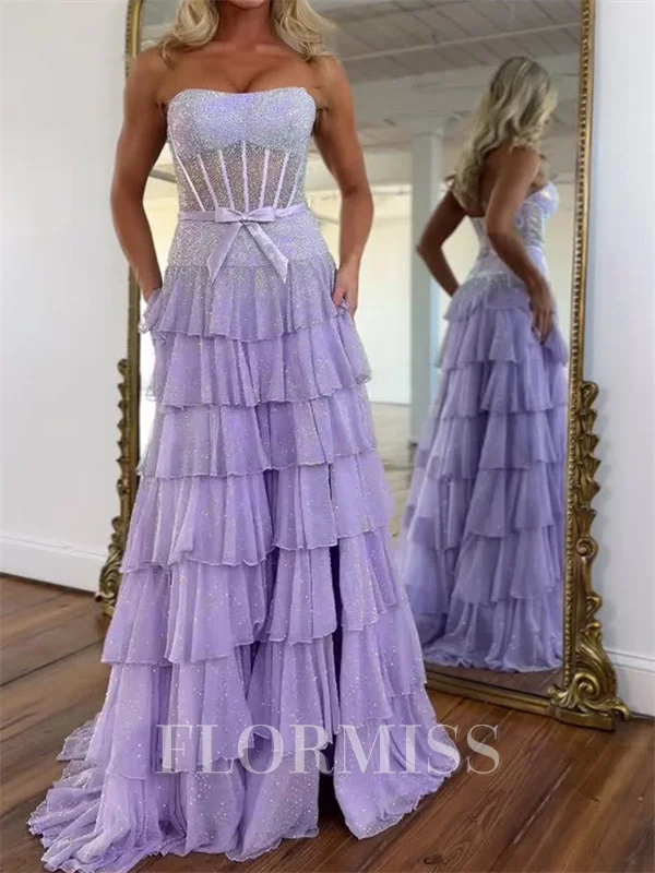 A-line Straight Cascading Ruffles Sweep Train Chiffon Corset Prom Dress