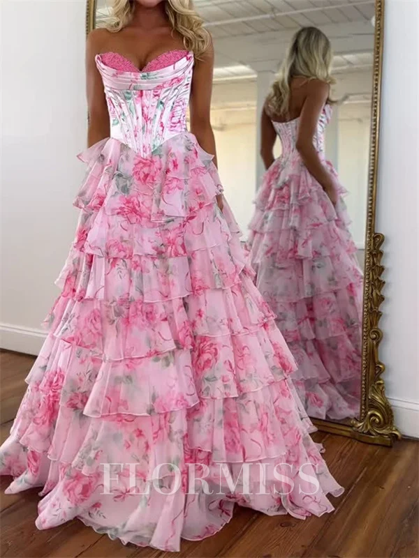 A-line Sweetheart Cascading Ruffles Sweep Train Corset Prom Dress