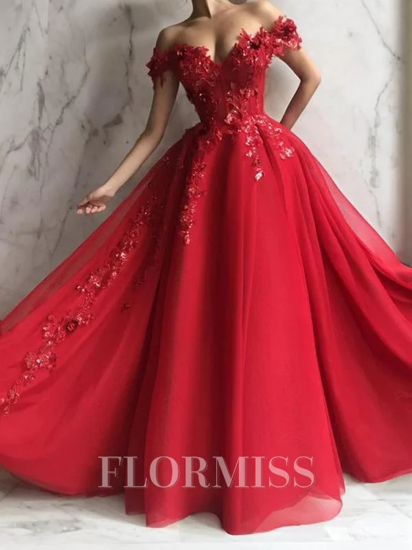 A-Line/Princess Off-the-Shoulder Floor-Length Tulle Prom Dresses With Appliques Lace