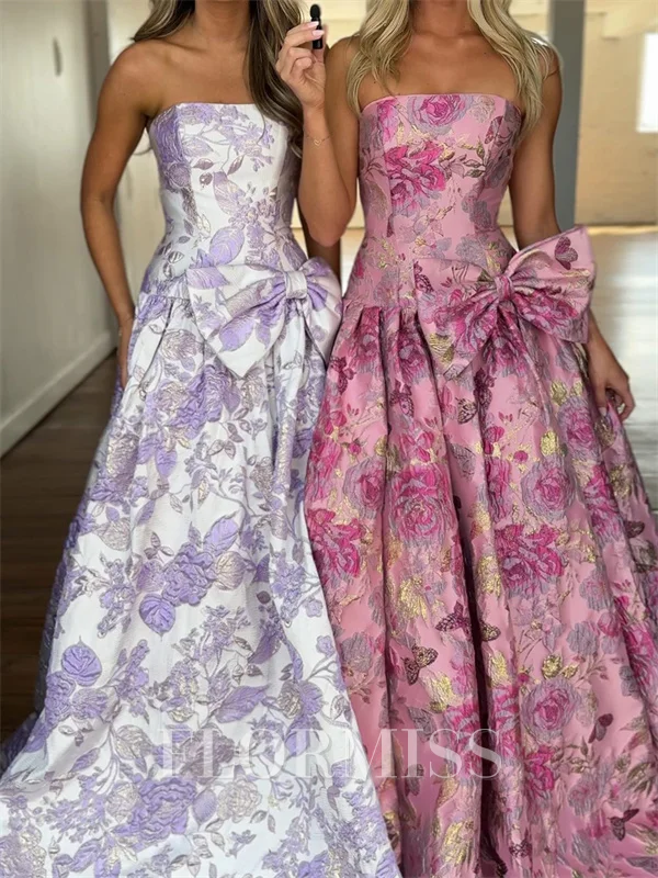 A-line Straight Bow Floor-Length Corset Prom Dress