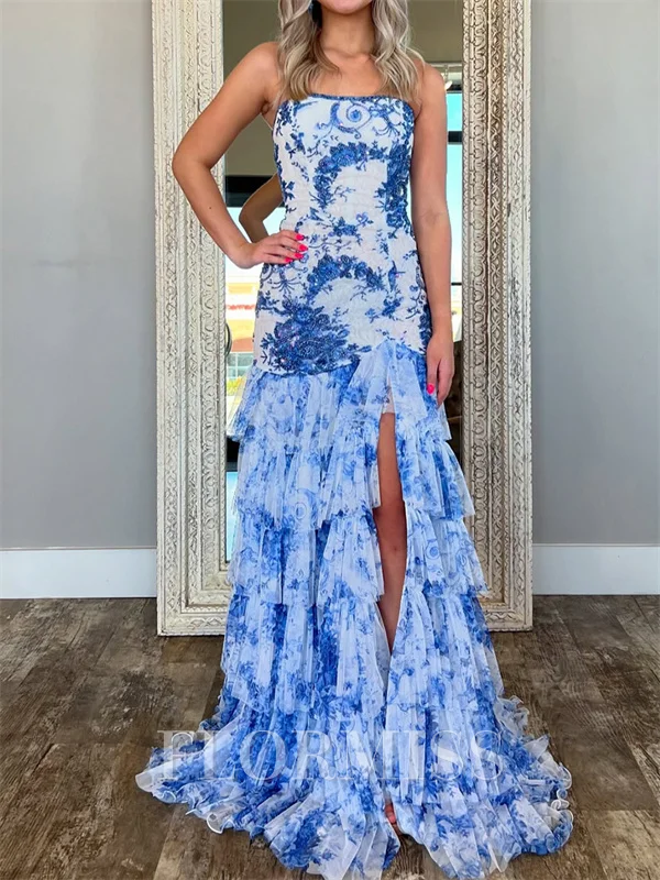 Sheath Straight Cascading Ruffles Sweep Train Corset Prom Dress