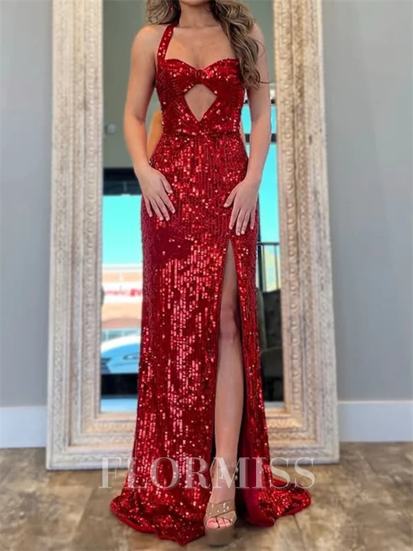 Sheath Halter Sweep Train Prom Dress