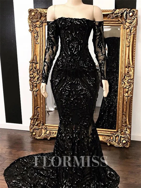 Sheath Off-the-Shoulder Long Sleeves Court Train Prom Dress