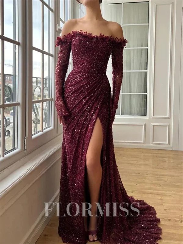Sheath Off-the-Shoulder Long Sleeves Pleated Sweep Train Prom Dress