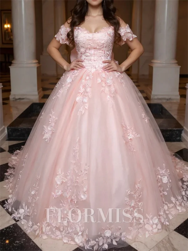 Ball-Gown Off-the-Shoulder Short Sleeves Appliques Lace Sweep Train Tulle Corset Prom Dress