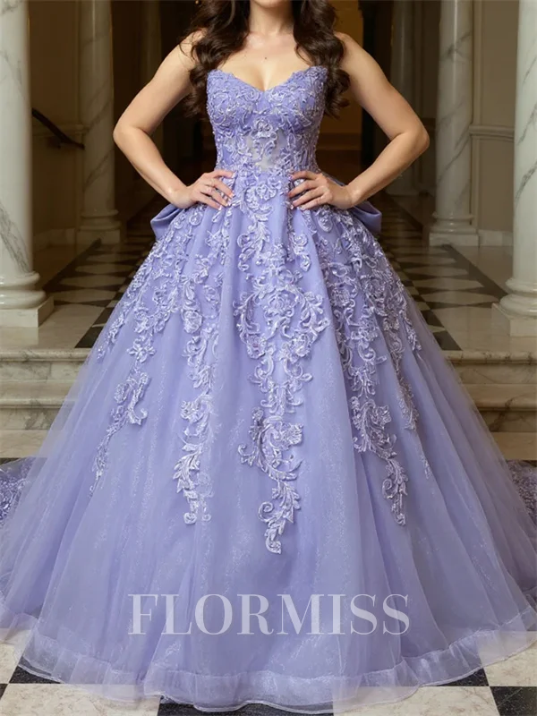 Ball-Gown Sweetheart Appliques Lace Chapel Train Tulle Corset Prom Dress