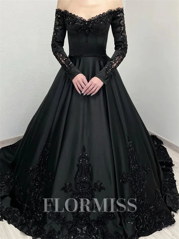 Ball-Gown Off-the-Shoulder Long Sleeves Appliques Lace Court Train Tulle Corset Prom Dress