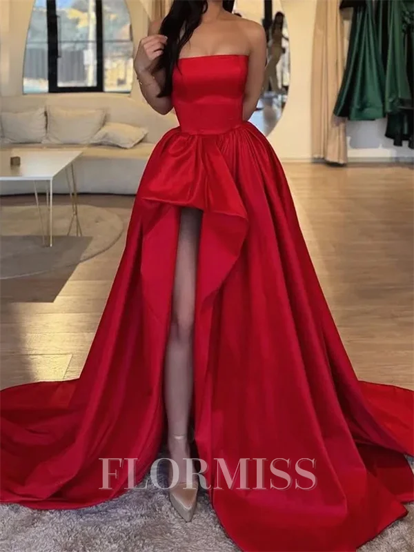 A-line Straight Ruffles Court Train Satin Corset Prom Dress
