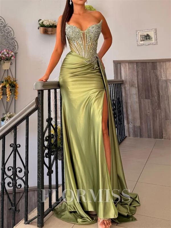 Sheath Sweetheart Appliques Lace Court Train Silk Like Satin Corset Prom Dress