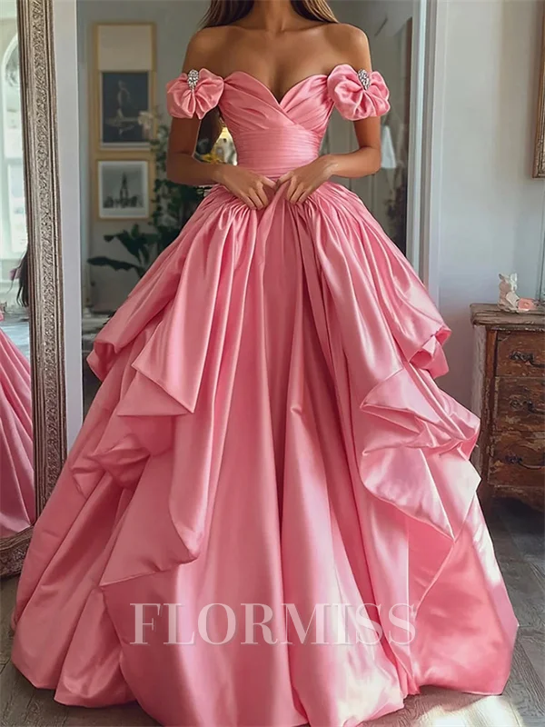 A-line Off-the-Shoulder Ruffles Floor-Length Satin Corset Prom Dress