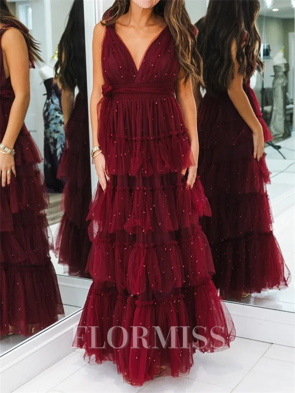 A-line V-neck Cascading Ruffles Floor-Length Tulle Prom Dress