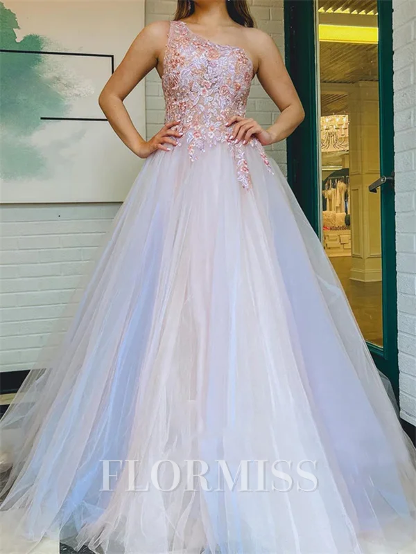 A-line One-Shoulder Appliques Lace Floor-Length Tulle Prom Dress