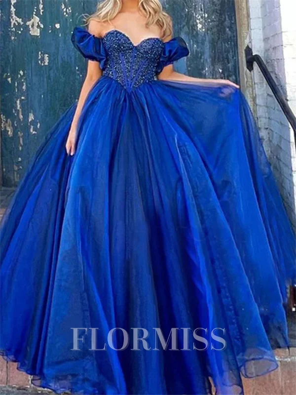 A-line Off-the-Shoulder Short Sleeves Beading Floor-Length Corset Prom Dress