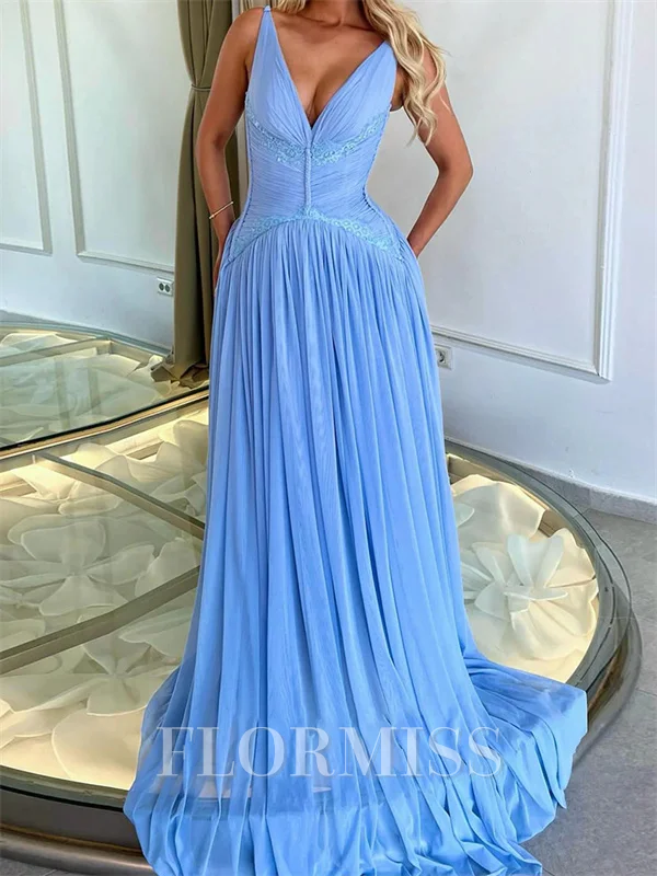 A-line V-neck Pleated Sweep Train Chiffon Corset Prom Dress
