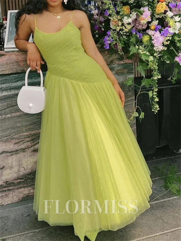A-line Spaghetti Straps Ruffles Floor-Length Tulle Corset Prom Dress