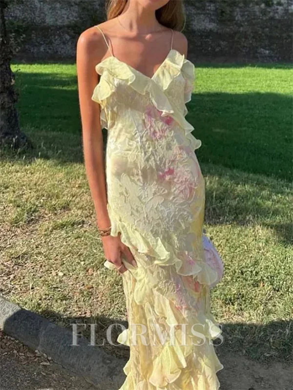 Sheath Spaghetti Straps Ruffles Sweep Train Prom Dress