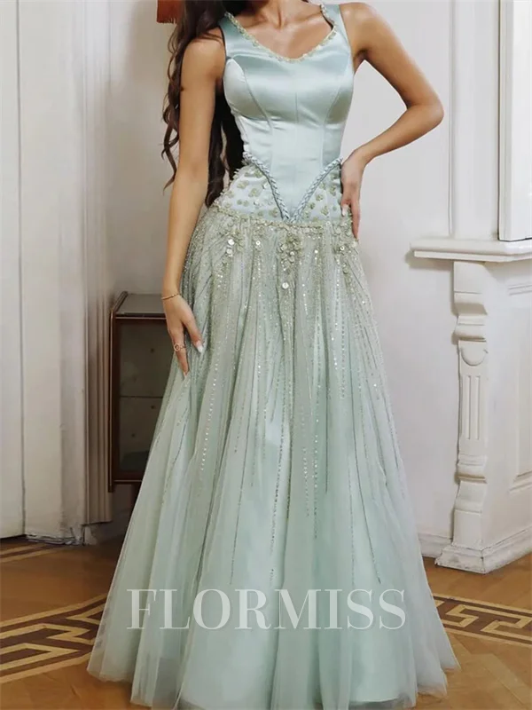 A-line Scoop Ruffles Floor-Length Satin Corset Prom Dress