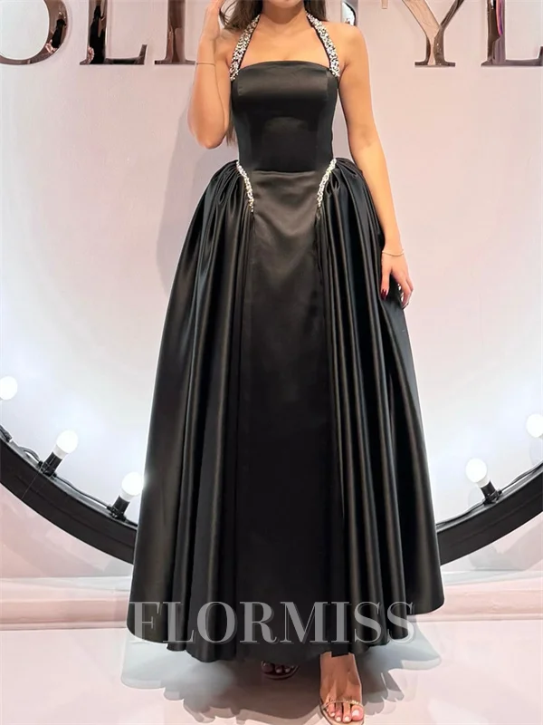 A-line Halter Ruffles Ankle-Length Satin Corset Prom Dress
