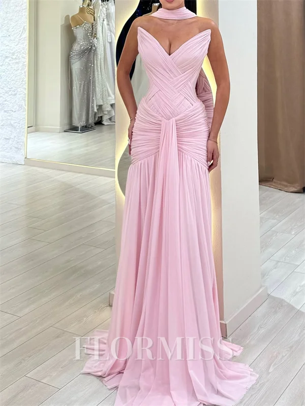 Sheath V-neck Ruffles Sweep Train 30D Chiffon Corset Prom Dress