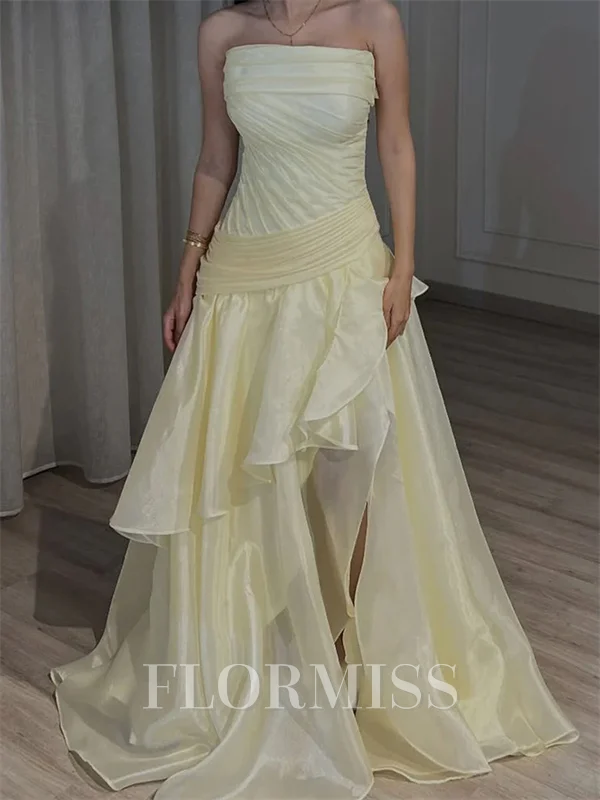 A-line Straight Pleated Sweep Train Organza Corset Prom Dress