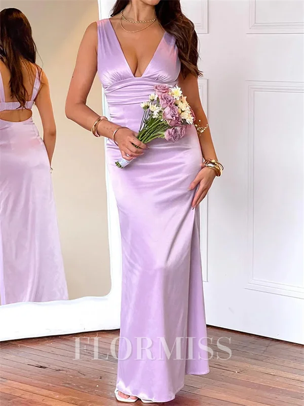 Sheath V-neck Pleated Floor-Length Silk like Satin Corset Prom Dress