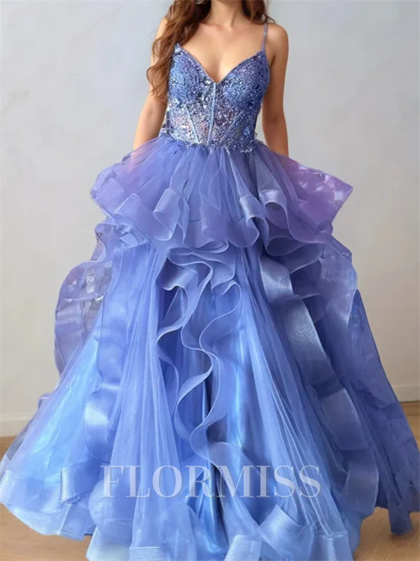A-line Spaghetti Straps Cascading Ruffles Sweep Train Tulle Corset Prom Dress