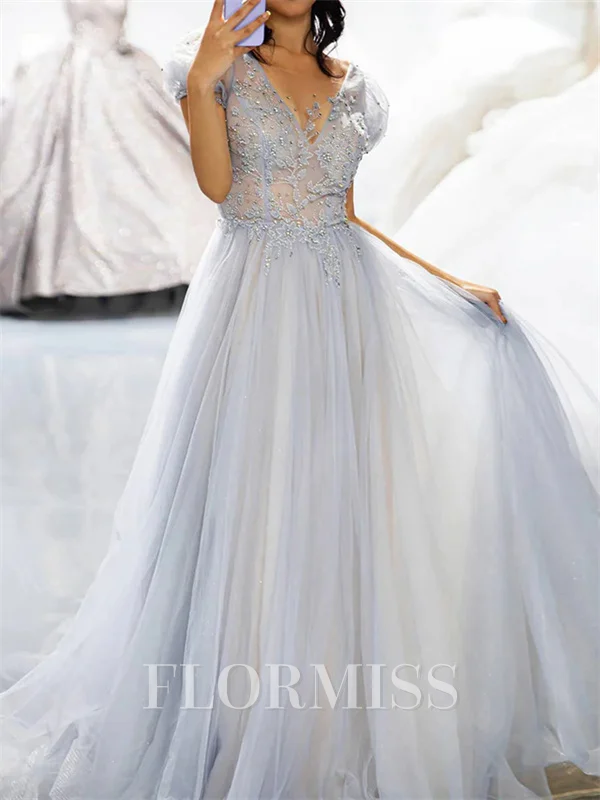 A-line Illusion Appliques Lace Court Train Tulle Prom Dress