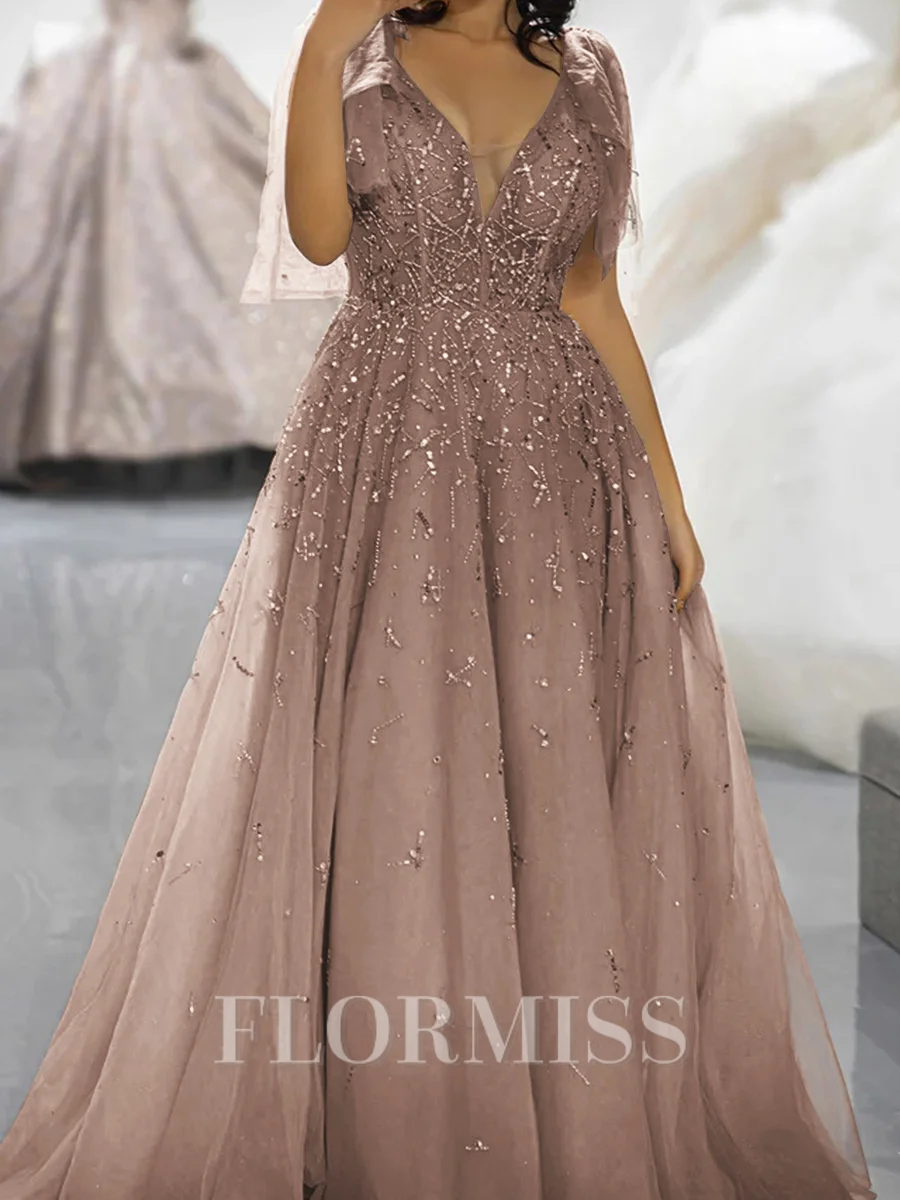 A-line V-neck Ruffles Sweep Train Tulle Prom Dress