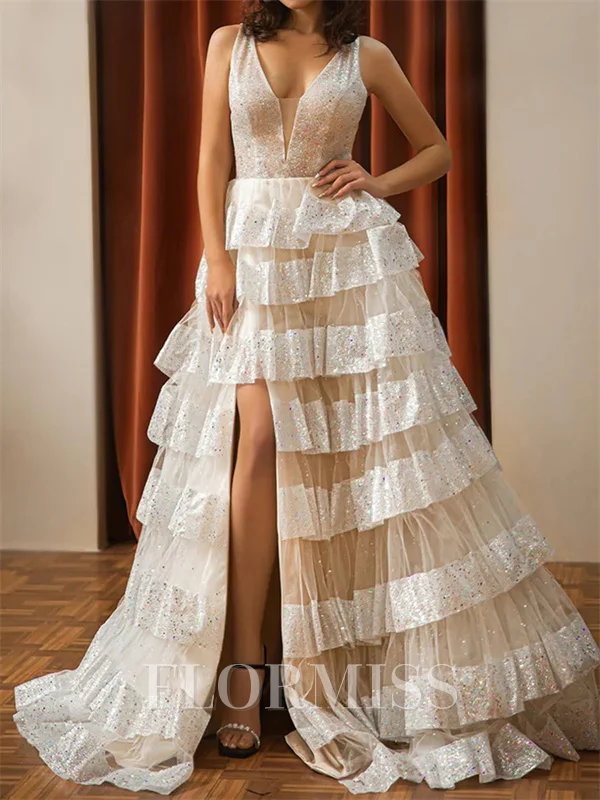 A-line V-neck Cascading Ruffles Sweep Train Tulle Prom Dress