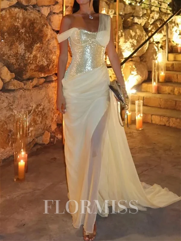 Sheath One-Shoulder Pleated Court Train 30D Chiffon Corset Prom Dress