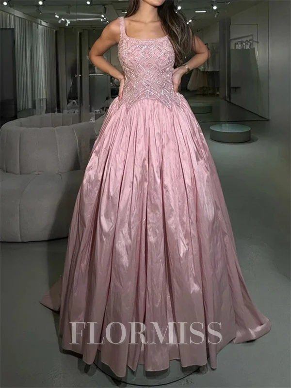 A-line Square Ruffles Sweep Train Taffeta Corset Prom Dress