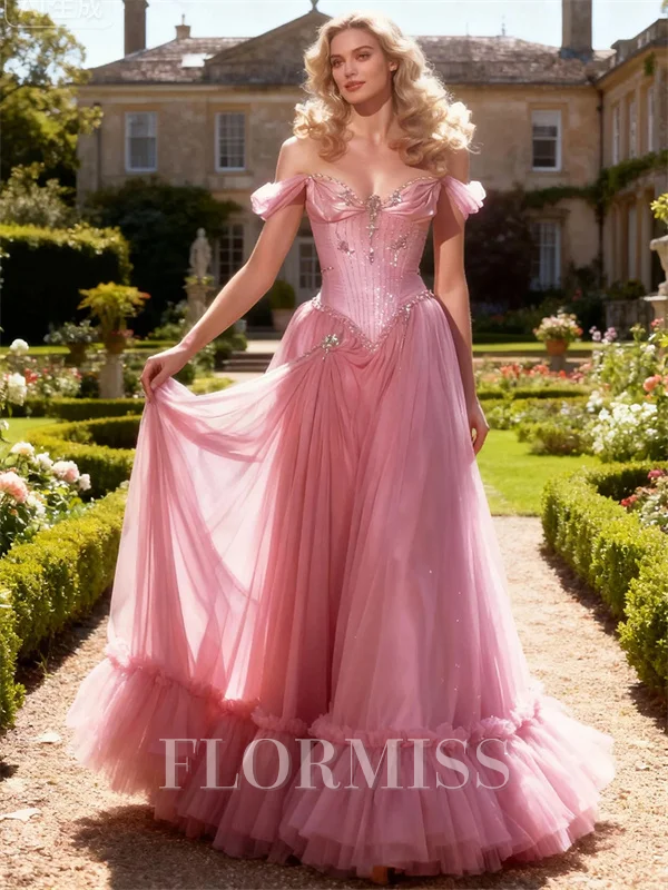 A-line Off-the-Shoulder Ruffles Floor-Length Tulle Corset Prom Dress