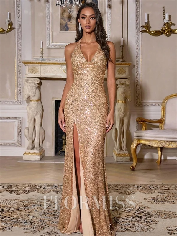 Sheath Halter Sequin Floor-Length Sequins Prom Dress