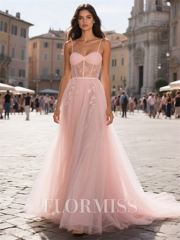 A-line Spaghetti Straps Ruffles Court Train Tulle Corset Prom Dress