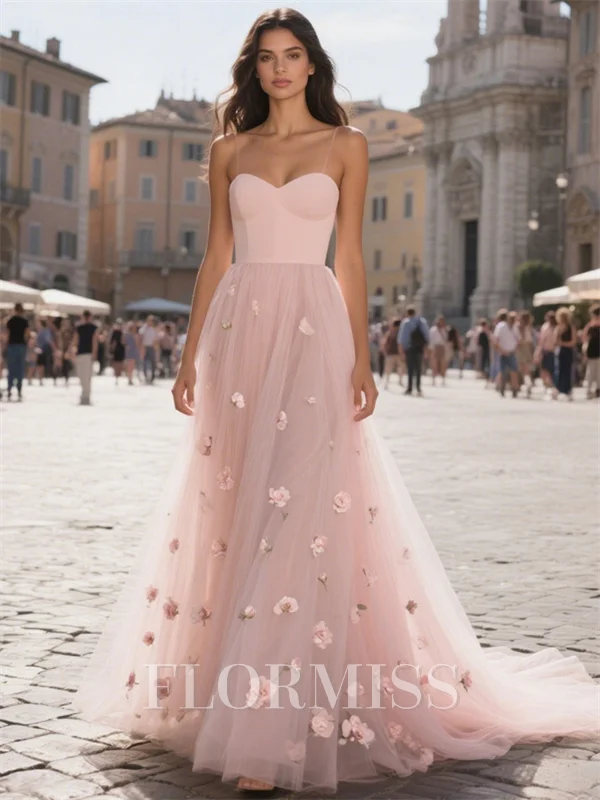 A-line Spaghetti Straps Ruffles Court Train Tulle Corset Prom Dress