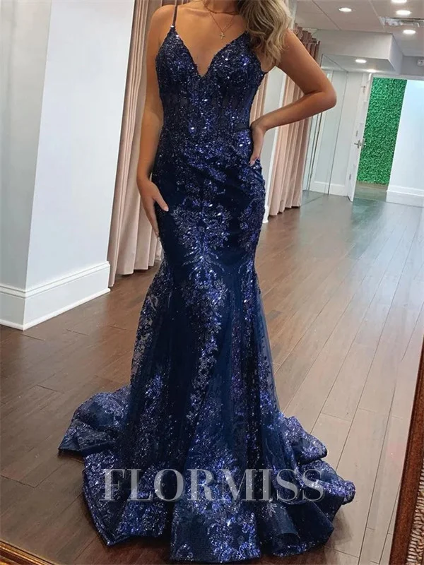 Mermaid Spaghetti Straps Sweep Train Tulle Corset Prom Dress