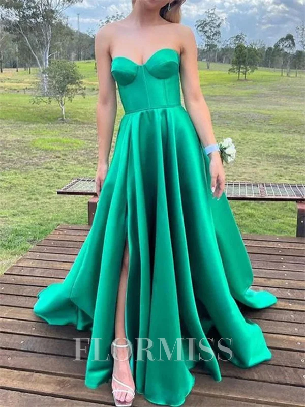 A-line Sweetheart Ruffles Sweep Train Satin Corset Prom Dress