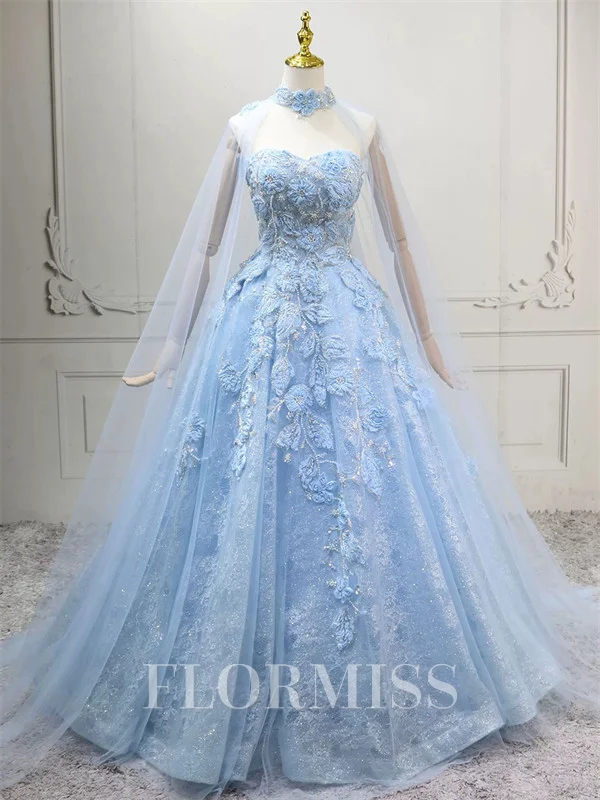 A-line Sweetheart Appliques Lace Sweep Train Tulle Corset Prom Dress