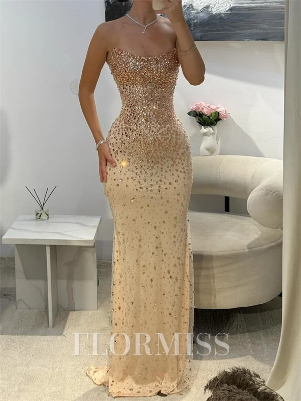 Sheath Straight Rhinestone Sweep/Brush Train Tulle Prom Dress