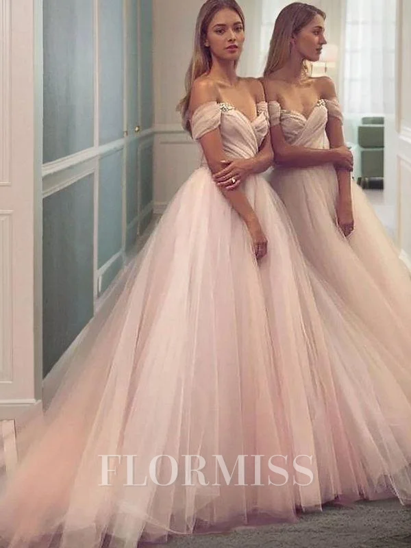 A-Line/Princess Off-the-Shoulder Sweep Train Tulle Prom Dresses With Ruffles