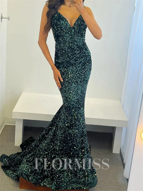 Sheath V-neck Sweep Train Velvet Sequins Prom Dress