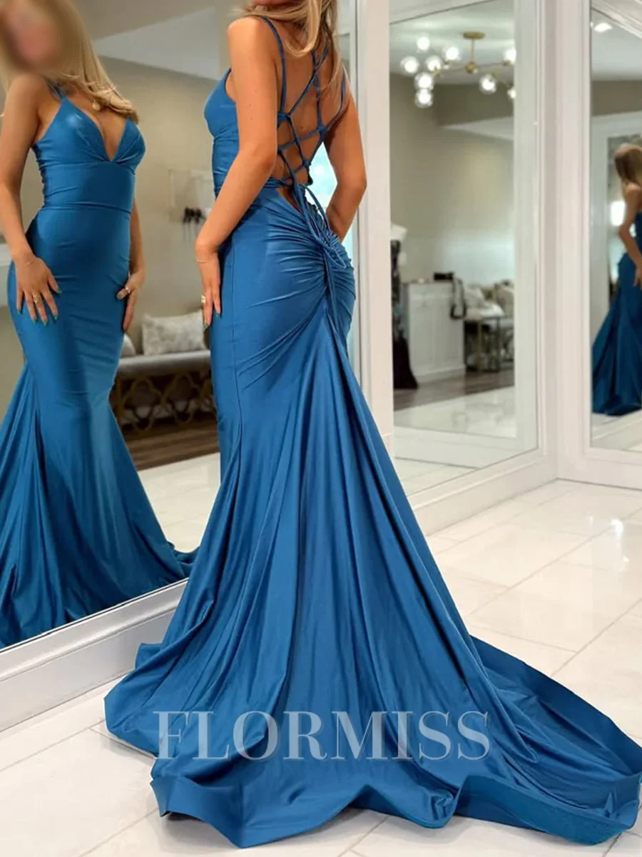 Mermaid V-neck Pleated Court Train Jersey Prom Dress