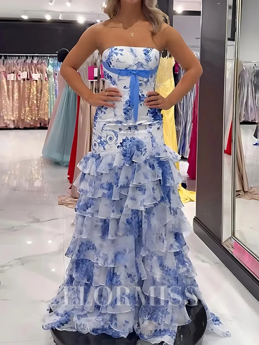 Sheath Straight Cascading Ruffles Sweep Train Chiffon Corset Prom Dress