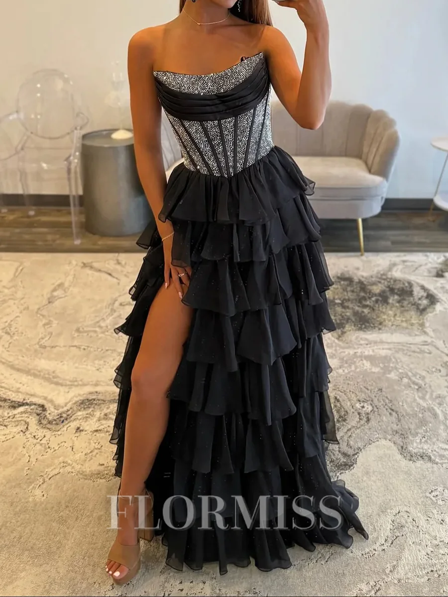 A-line Straight Beading Sweep Train Chiffon Corset Prom Dress