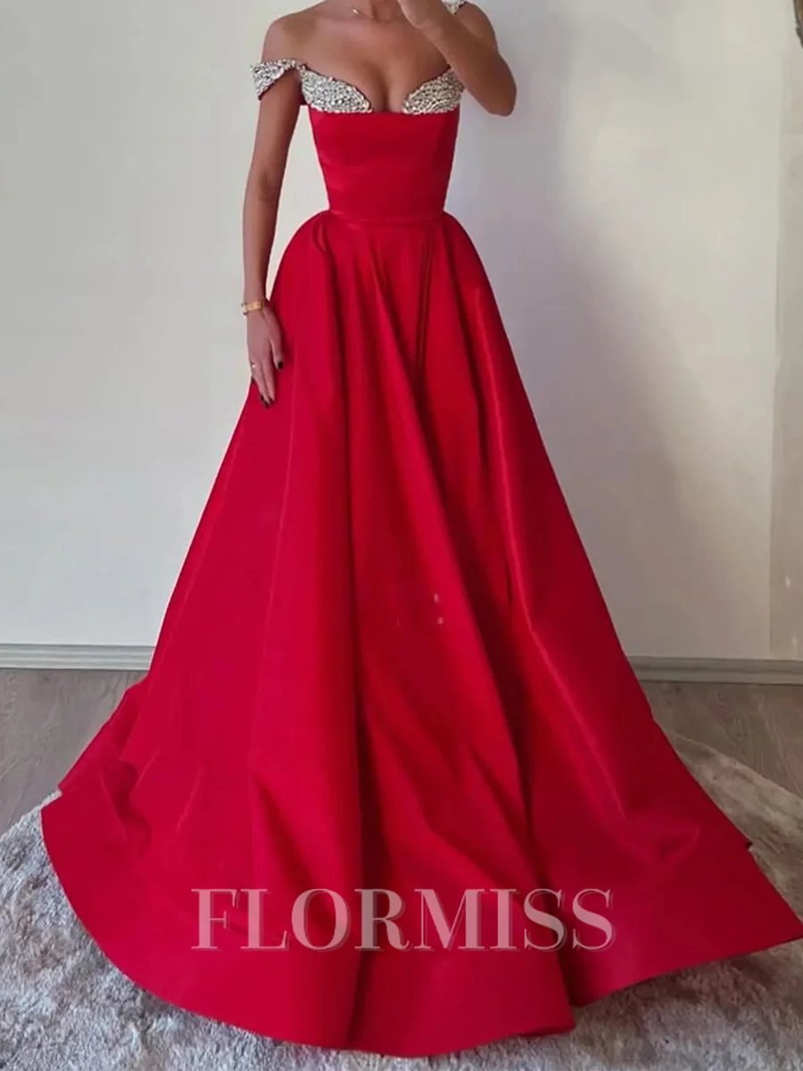 A-line Off-the-Shoulder Rhinestone Sweep Train Satin Corset Prom Dress