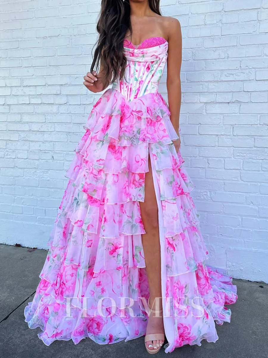 A-line Sweetheart Cascading Ruffles Sweep Train Other Corset Prom Dress