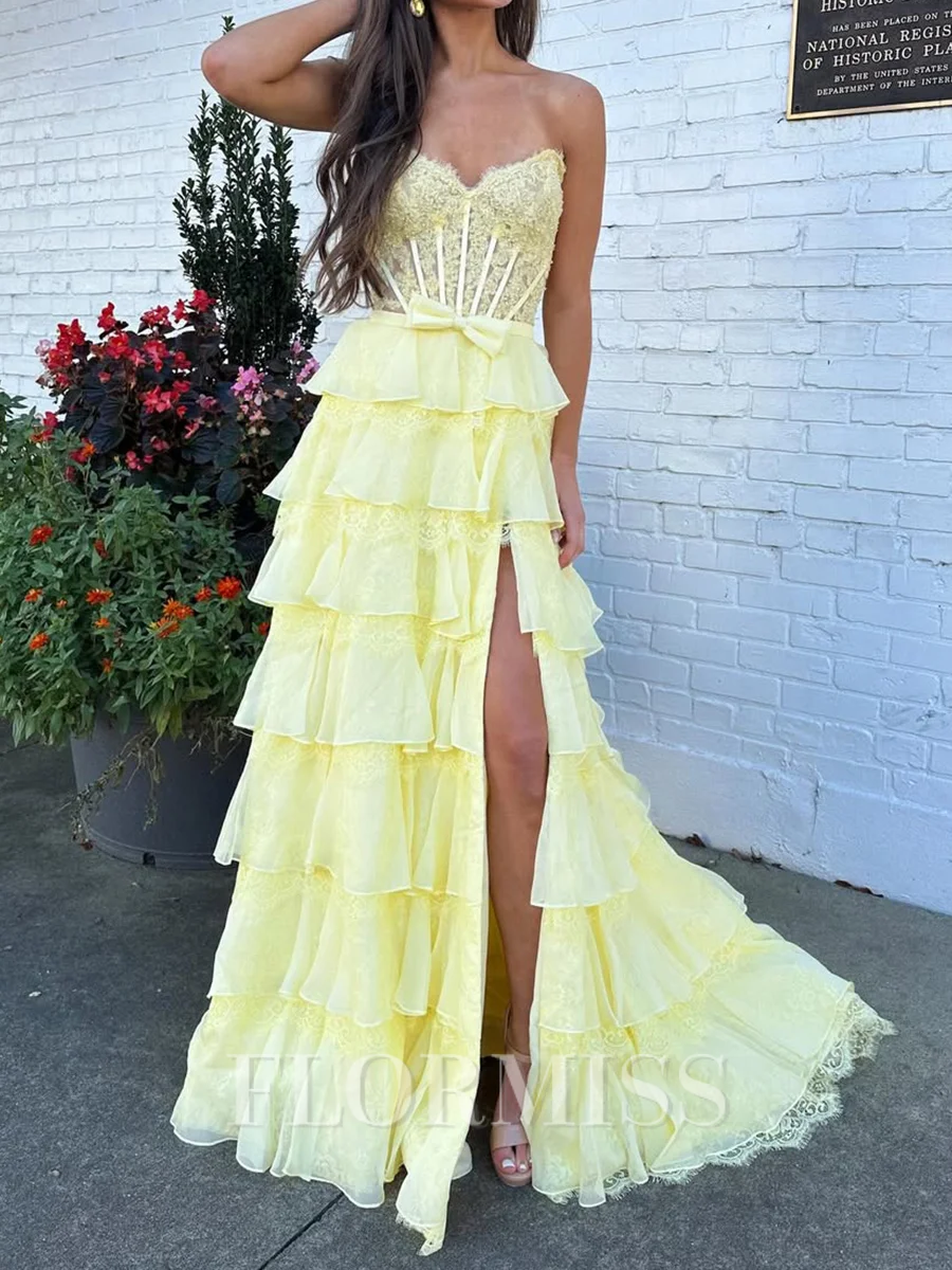 A-line Sweetheart Cascading Ruffles Sweep Train Chiffon Corset Prom Dress