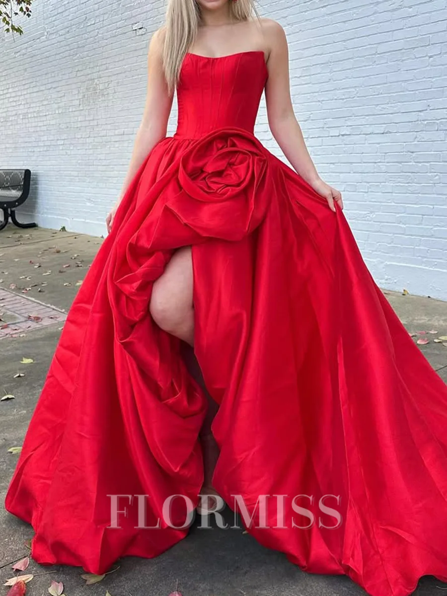 A-line Straight Flower Court Train Satin Corset Prom Dress